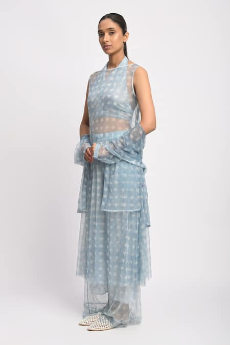 Buy_JAYATI GOENKA_Blue Cotton, Chanderi Silk, Mesh Collared Drift Cord Printed Kurta Set _Online_at_Aza_Fashions