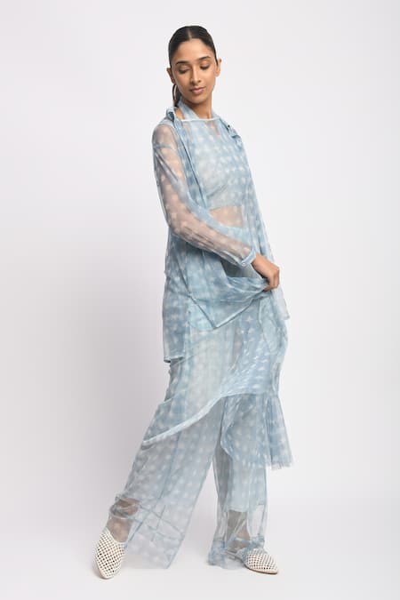 Shop_JAYATI GOENKA_Blue Cotton, Chanderi Silk, Mesh Collared Drift Cord Printed Kurta Set _Online_at_Aza_Fashions