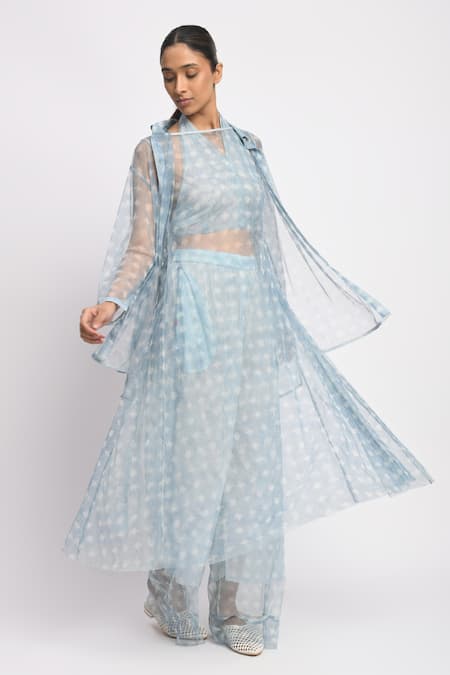 JAYATI GOENKA_Blue Cotton, Chanderi Silk, Mesh Collared Drift Cord Printed Kurta Set _at_Aza_Fashions