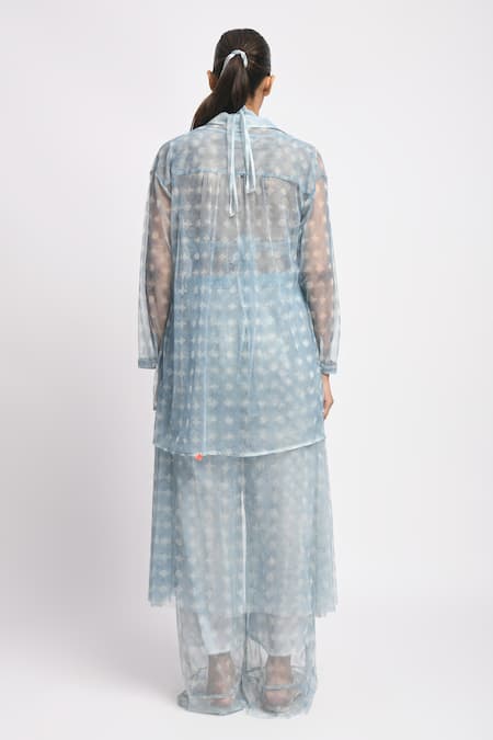 Buy_JAYATI GOENKA_Blue Cotton, Chanderi Silk, Mesh Collared Drift Cord Printed Kurta Set 