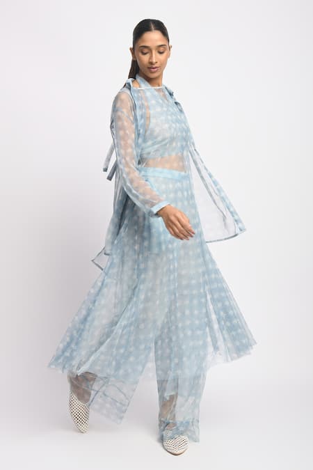 Shop_JAYATI GOENKA_Blue Cotton, Chanderi Silk, Mesh Collared Drift Cord Printed Kurta Set 