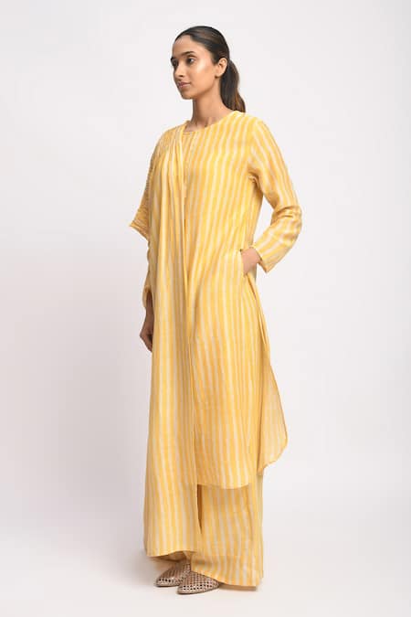 JAYATI GOENKA_Yellow Silk, Cotton, Chanderi Tassels, Smocking Round Solar Printed Kurta Set _Online_at_Aza_Fashions
