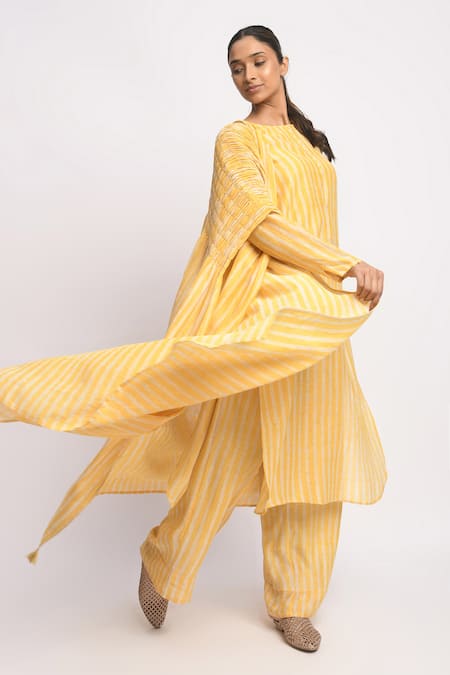 Shop_JAYATI GOENKA_Yellow Silk, Cotton, Chanderi Tassels, Smocking Round Solar Printed Kurta Set _Online_at_Aza_Fashions