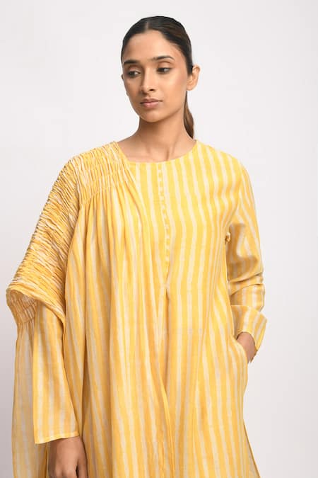 JAYATI GOENKA_Yellow Silk, Cotton, Chanderi Tassels, Smocking Round Solar Printed Kurta Set _at_Aza_Fashions