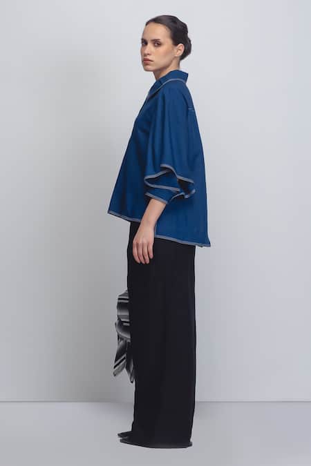 Leh Studios_Blue Linen Collared Cory Top _Online_at_Aza_Fashions