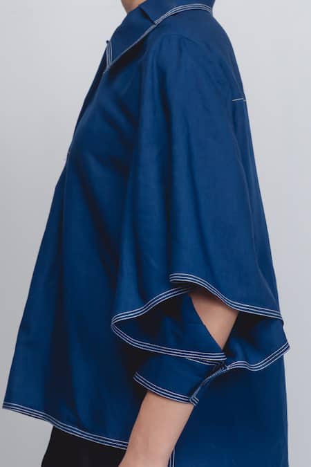 Buy_Leh Studios_Blue Linen Collared Cory Top _Online_at_Aza_Fashions