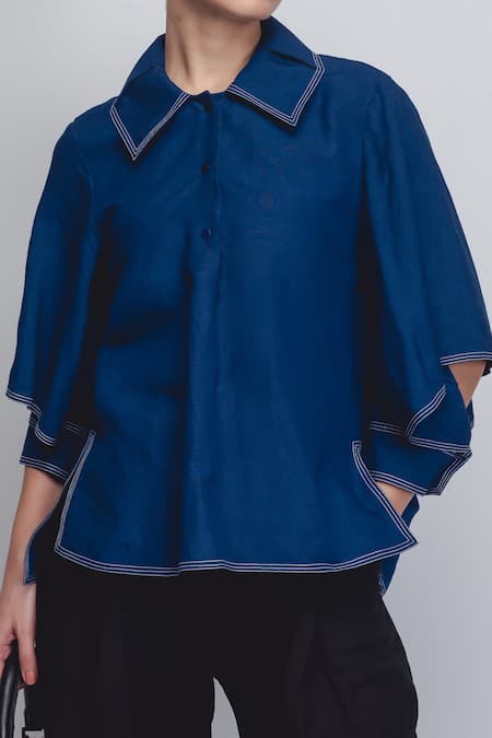 Shop_Leh Studios_Blue Linen Collared Cory Top _Online_at_Aza_Fashions