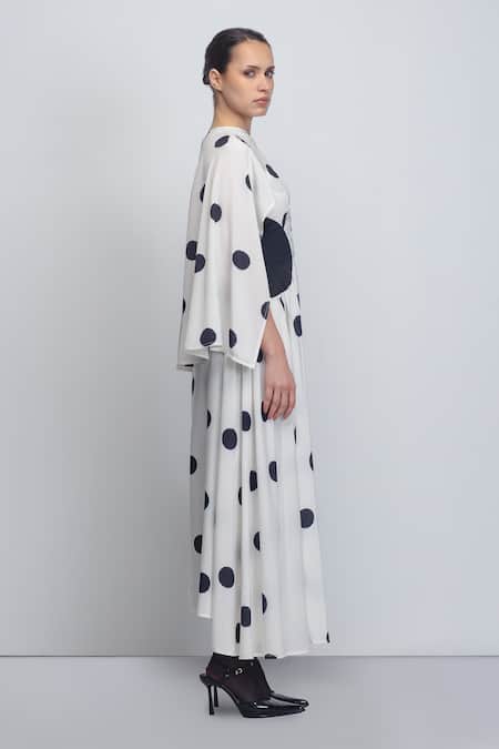 Shop_Leh Studios_Black Viscose, Polyester Shawl Neck Kaia Printed Draped Dress _Online_at_Aza_Fashions