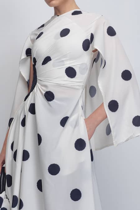 Shop_Leh Studios_Black Viscose, Polyester Shawl Neck Kaia Printed Draped Dress 