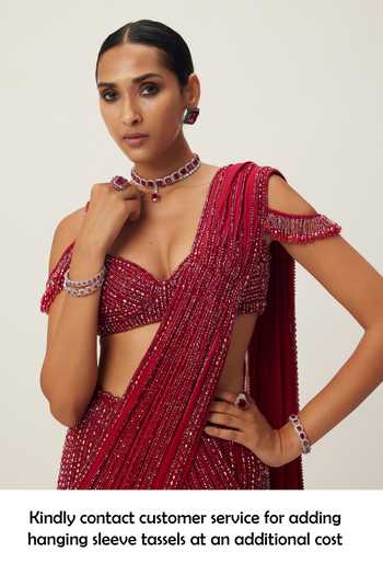 Shop_Vvani by vani vats_Red Georgette Crystals, Sequins, Cut Work Embellished Pre-draped Saree Set _Online_at_Aza_Fashions