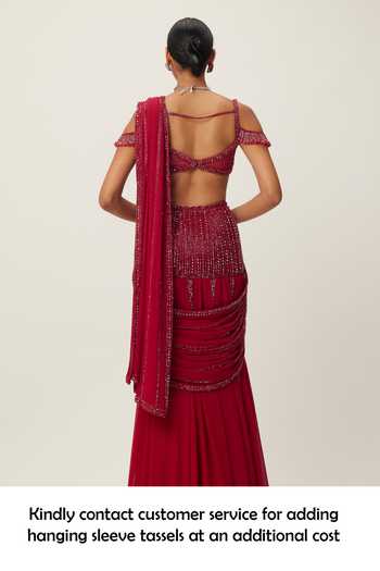 Vvani by vani vats_Red Georgette Crystals, Sequins, Cut Work Embellished Pre-draped Saree Set _at_Aza_Fashions