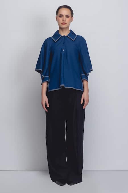 Buy_Leh Studios_Blue Linen Collared Cory Top 