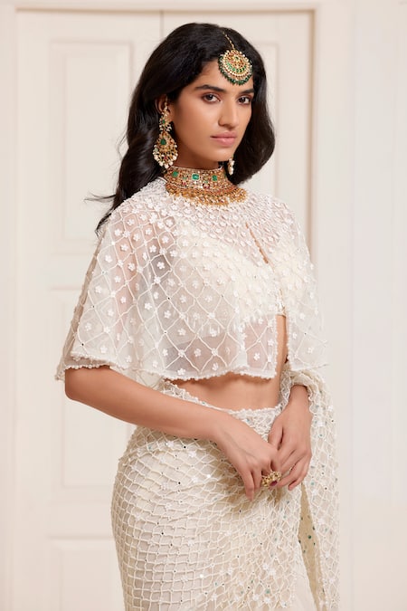 Surily G_Ivory Net Mirrors High Neck Saree Set With Cape _Online_at_Aza_Fashions
