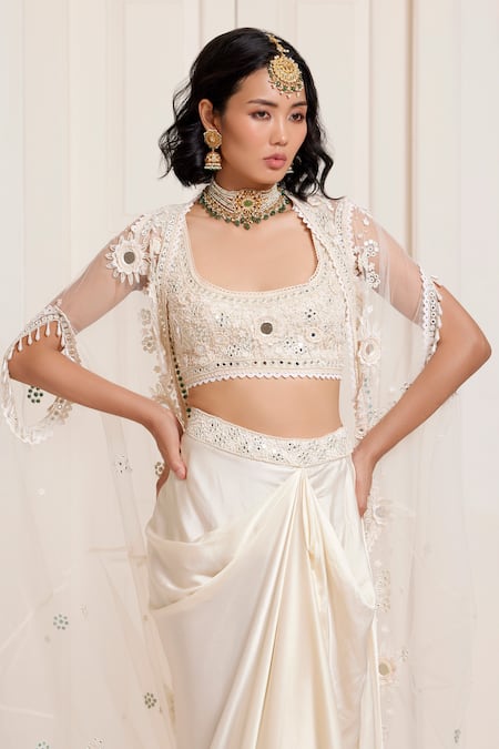 Surily G_Ivory Satin, Net Embroidery, Mirrors Scoop Neck Blouse Set With Cape _Online_at_Aza_Fashions