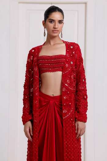 Surily G_Red Satin, Net Embroidery, Sequins, Mirrors Long Jacket And Draped Skirt Set _Online_at_Aza_Fashions