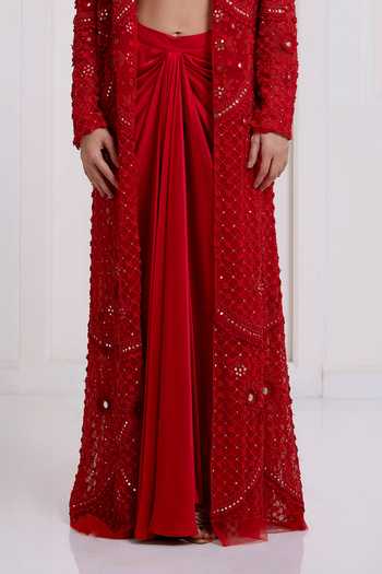 Buy_Surily G_Red Satin, Net Embroidery, Sequins, Mirrors Long Jacket And Draped Skirt Set _Online_at_Aza_Fashions
