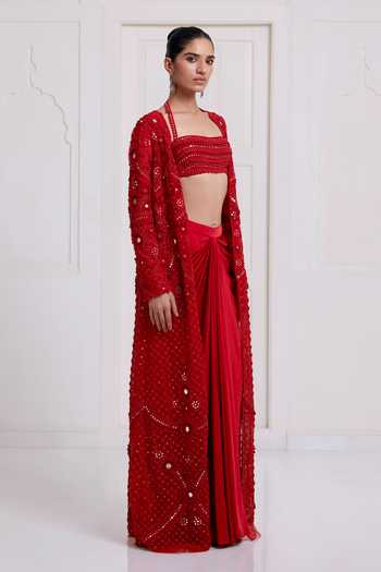 Shop_Surily G_Red Satin, Net Embroidery, Sequins, Mirrors Long Jacket And Draped Skirt Set _Online_at_Aza_Fashions