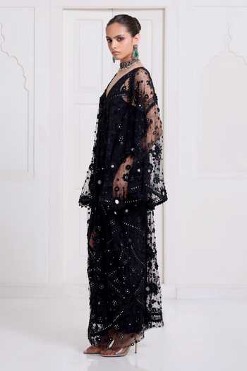Surily G_Black Net Embroidery, Sequins, Mirrors V-neck Kaftan And Slip Set _Online_at_Aza_Fashions