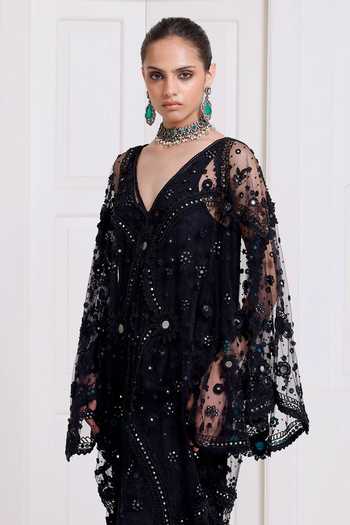 Buy_Surily G_Black Net Embroidery, Sequins, Mirrors V-neck Kaftan And Slip Set _Online_at_Aza_Fashions