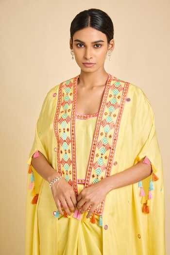 Shop_Surily G_Yellow Silk Mirrors Square Neck Blouse Draped Skirt Set _Online_at_Aza_Fashions