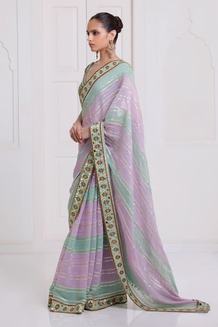Buy_Surily G_Green Chanderi Mirrors V-neck Saree With Blouse _Online_at_Aza_Fashions