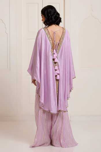 Shop Surily G Gold Chanderi Embroidery, Mirrors, Tassels, Gota Patti Butterfly Top And Pant Set at Aza Fashions Shop_Surily G_Gold Chanderi Embroidery, Mirrors, Tassels, Gota Patti Butterfly Top And Pant Set _at_Aza_Fashions