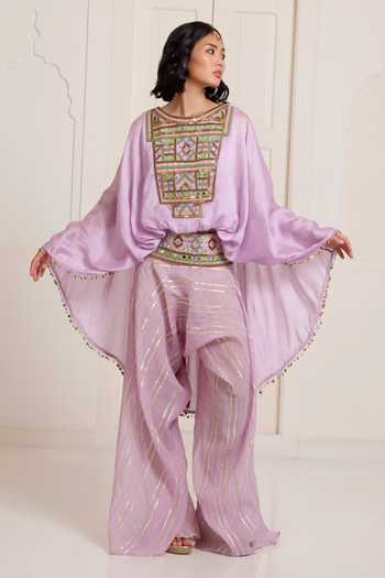 Buy Surily G Gold Chanderi Embroidery, Mirrors, Tassels, Gota Patti Butterfly Top And Pant Set at Aza Fashions Buy_Surily G_Gold Chanderi Embroidery, Mirrors, Tassels, Gota Patti Butterfly Top And Pant Set _at_Aza_Fashions