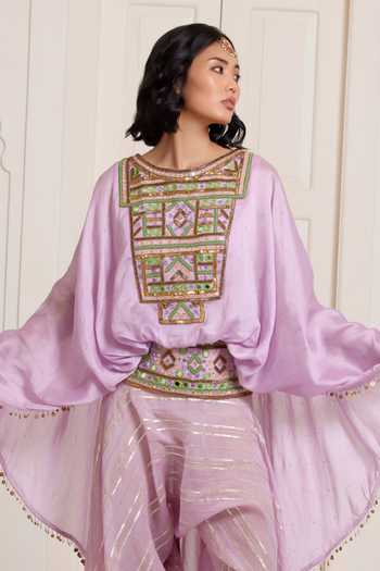Surily G Gold Chanderi Embroidery, Mirrors, Tassels, Gota Patti Butterfly Top And Pant Set Online at Aza Fashions Surily G_Gold Chanderi Embroidery, Mirrors, Tassels, Gota Patti Butterfly Top And Pant Set _Online_at_Aza_Fashions