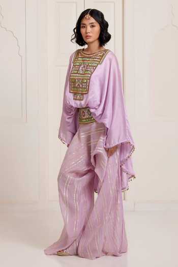 Shop Surily G Gold Chanderi Embroidery, Mirrors, Tassels, Gota Patti Butterfly Top And Pant Set Online at Aza Fashions Shop_Surily G_Gold Chanderi Embroidery, Mirrors, Tassels, Gota Patti Butterfly Top And Pant Set _Online_at_Aza_Fashions