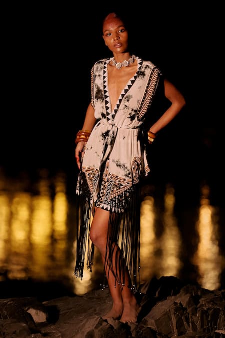 Surily G Fringe Wrap Top & Skirt Set 