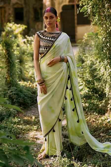 Surily G Tassel Border Pre-Draped Saree & Top Set 