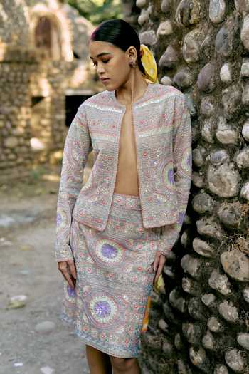 Surily G_Multi Color Net Embroidery, Sequins, Beads Round Neck Jacket And Skirt Set _Online_at_Aza_Fashions