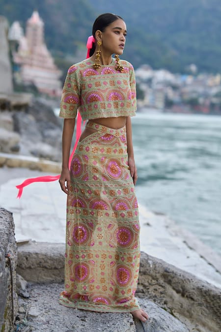 Surily G Cutbeads Embroidered Net Top & Skirt Set 