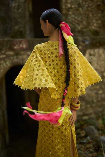 Surily G Yellow Organza Cut Work Embroidered Cape And Skirt Set Online at Aza Fashions Surily G_Yellow Organza Cut Work Embroidered Cape And Skirt Set _Online_at_Aza_Fashions