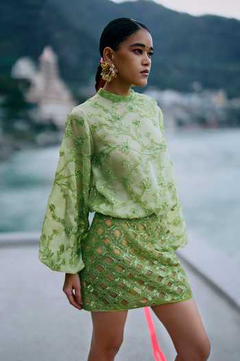 Surily G_Green Organza, Lace Embroidery, Cut Work Mandarin Collar Top And Skirt Set _Online_at_Aza_Fashions
