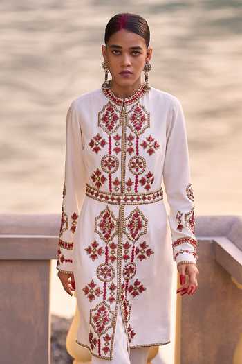 Surily G_Red Crepe Embroidery Mandarin Collar, Yes Kurta And Pant Set _Online_at_Aza_Fashions