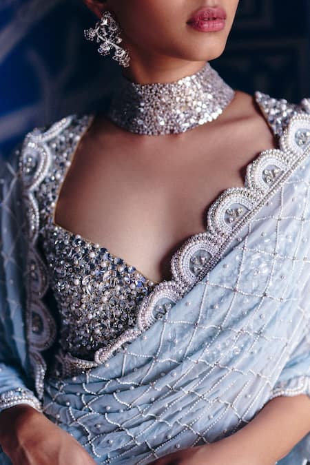 Surily G_Blue Net, Georgette Pearls, Stones, Crystals Scallop Bordered Saree Set _Online_at_Aza_Fashions