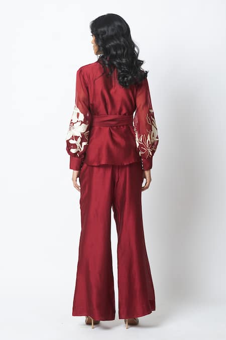 Madder Much Burgandy Reva Blazer Wrap Top & Wide Legged Pant Set 