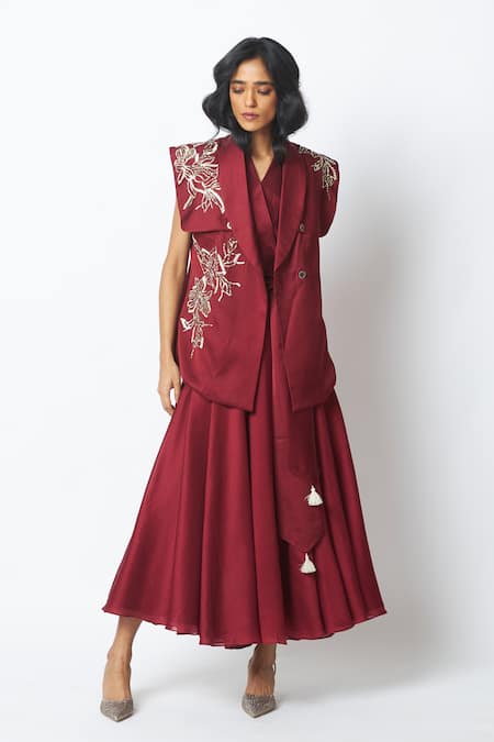 Buy_Madder Much_Burgundy Chanderi Silk, Satin, Linen Noah The Flap Wrapped Jacket With Dress _Online_at_Aza_Fashions