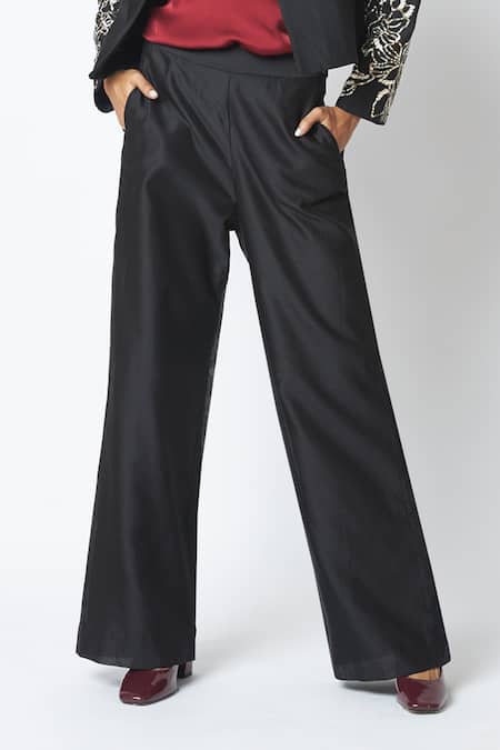 Madder Much_Black Chanderi Silk, Crepe, Satin Sequins, Teresa Work Short Jacket And Pant Set _Online_at_Aza_Fashions