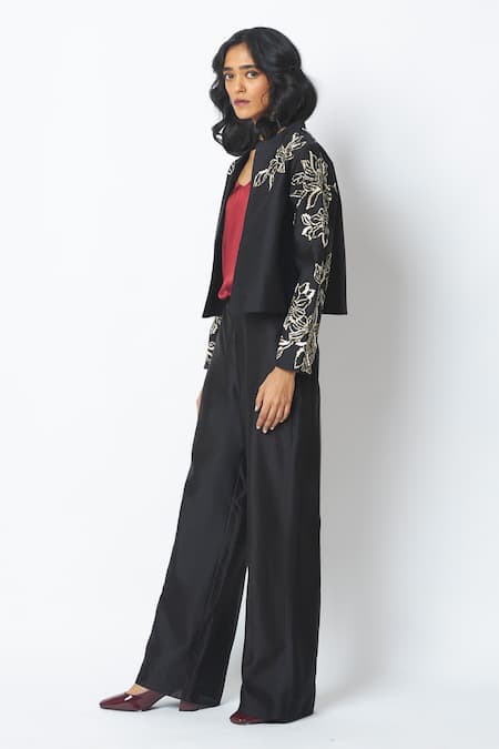 Shop_Madder Much_Black Chanderi Silk, Crepe, Satin Sequins, Teresa Work Short Jacket And Pant Set _Online_at_Aza_Fashions