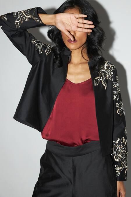 Madder Much_Black Chanderi Silk, Crepe, Satin Sequins, Teresa Work Short Jacket And Pant Set _at_Aza_Fashions