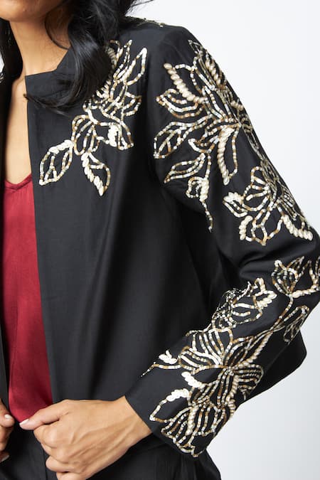 Buy_Madder Much_Black Chanderi Silk, Crepe, Satin Sequins, Teresa Work Short Jacket And Pant Set 