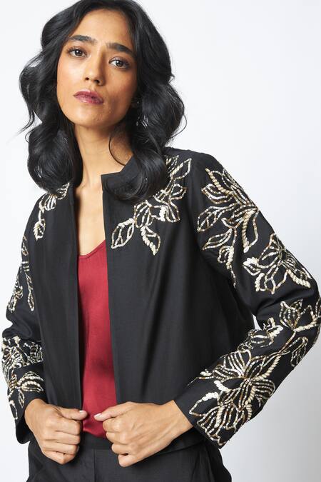 Shop_Madder Much_Black Chanderi Silk, Crepe, Satin Sequins, Teresa Work Short Jacket And Pant Set 