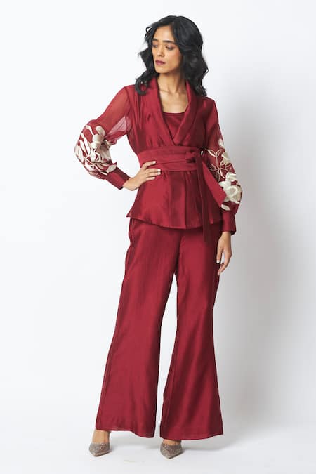 Madder Much Burgandy Reva Blazer Wrap Top & Wide Legged Pant Set 