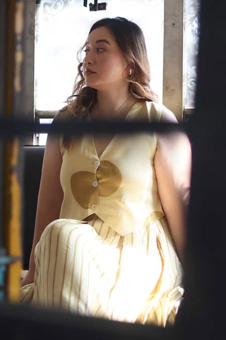 Prahnaaya_Yellow Satin, Modal V-neck Stripe Pattern Skirt And Top Set _Online_at_Aza_Fashions