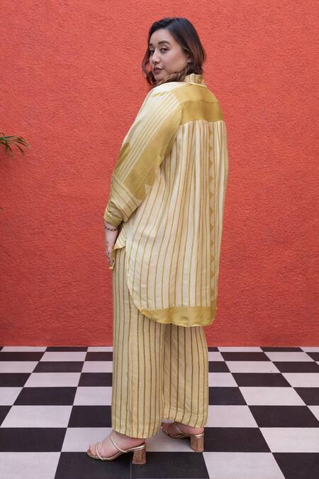 Prahnaaya_Yellow Satin, Modal Button-down Neck Geometric Pattern Shirt And Pant Set _Online_at_Aza_Fashions