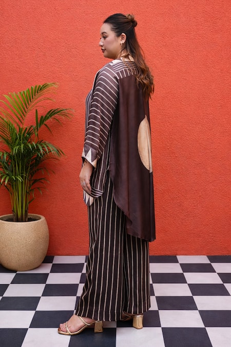 Buy_Prahnaaya_Brown Satin, Modal Round Neck Striped Pattern Top And Pant Set _Online_at_Aza_Fashions