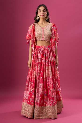 Buy_Samyukta Singhania_Pink Silk, Chiffon, Polyester Zari, Printed Lehenga Set With Choker Dupatta _Online_at_Aza_Fashions