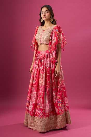 Shop_Samyukta Singhania_Pink Silk, Chiffon, Polyester Zari, Printed Lehenga Set With Choker Dupatta _Online_at_Aza_Fashions